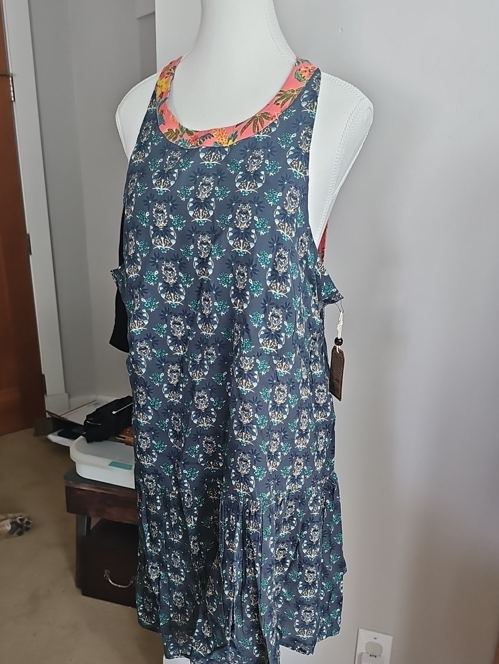 NATURAL LIFE Blue Floral Mini Dress with Coral Trim